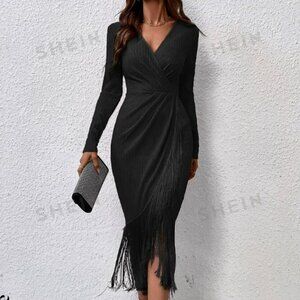 NWOT SHEIN Belle Black Fringe Trim Surplice Neck Bodycon Dress Med/6